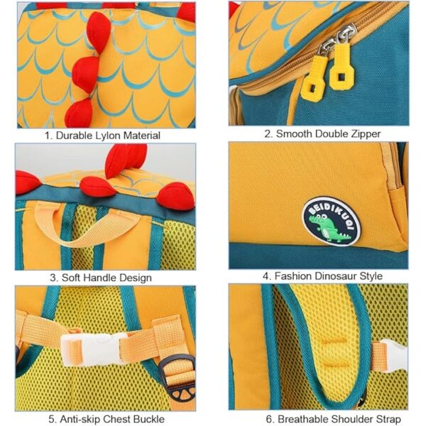 Flippi Yellow Little Dinosaur 3D Waterproof Bag for Toddlers & Kids (School Bags) 1-5 Years - Image 2
