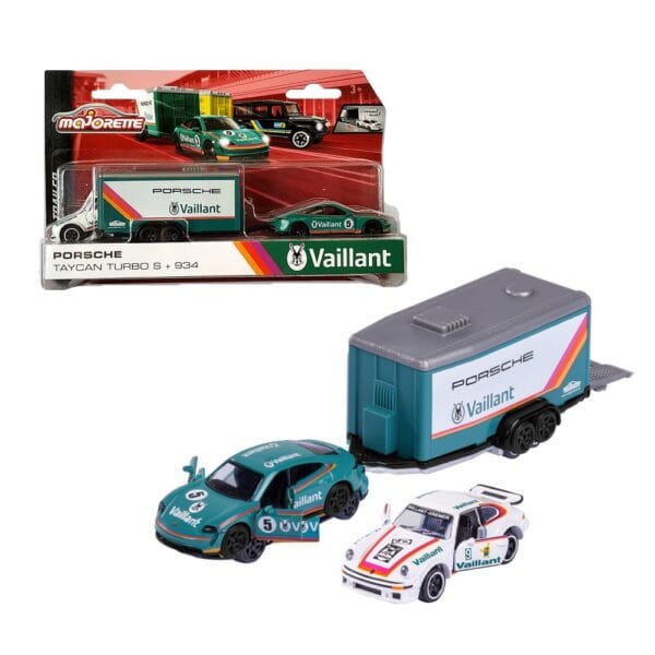 Majorette Race Trailer - Porsche Taycan Turbo S + 934 Diecast Car Model