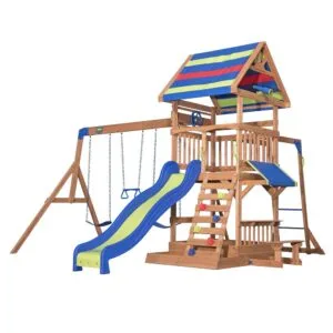 Backyard Discovery Northbrook Wooden Swing Set, Play Tower with Slide for 3-10 Years