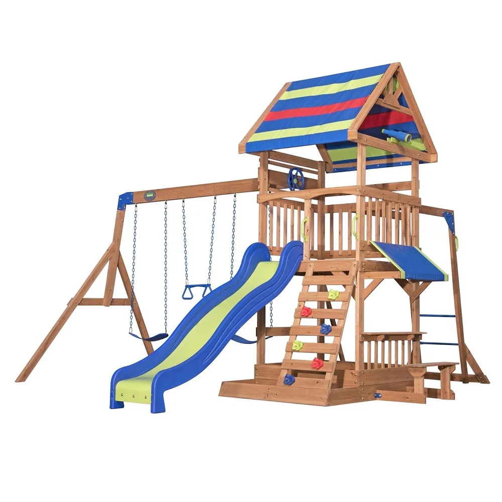 Backyard Discovery Northbrook Wooden Swing Set, Play Tower with Slide for 3-10 Years